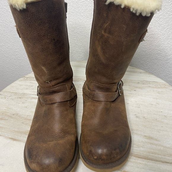 UGG boots leather fur lined men sz 5 distressed brown double buckle - Picture 4 of 9
